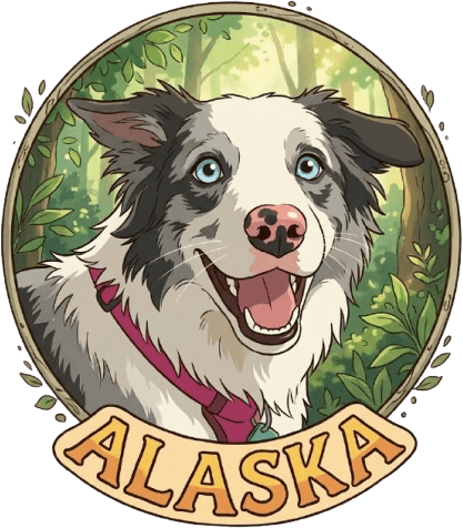 Ilustración de Alaska, la perrita de la familia, sonriendo en medio de la selva
